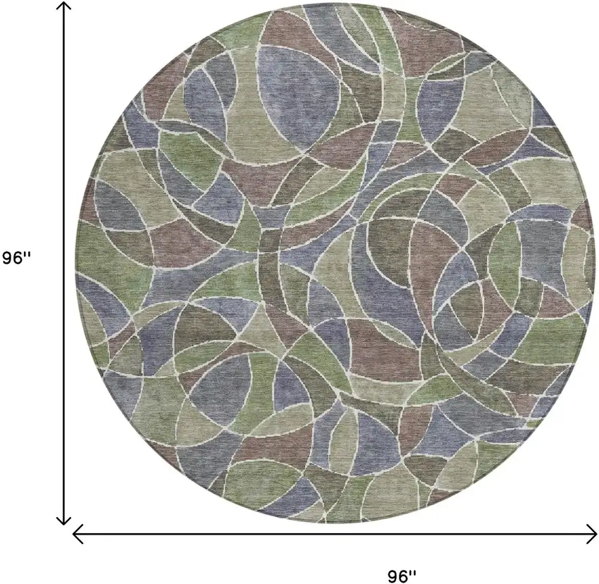 8' Green Brown And Purple Round Geometric Washable Indoor Outdoor Area Rug Photo 9