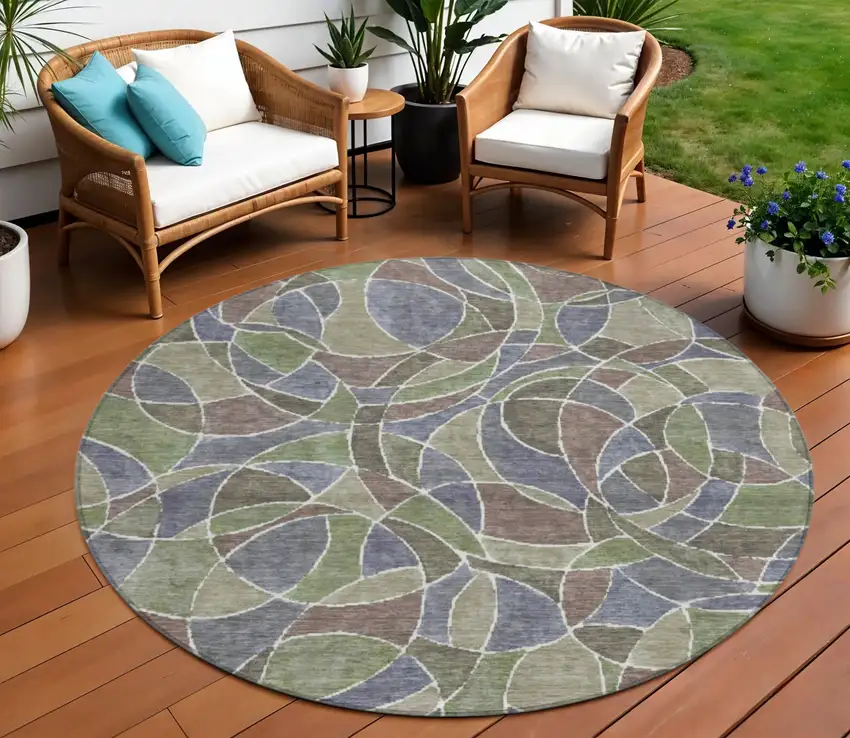 8' Green Brown And Purple Round Geometric Washable Indoor Outdoor Area Rug Photo 2