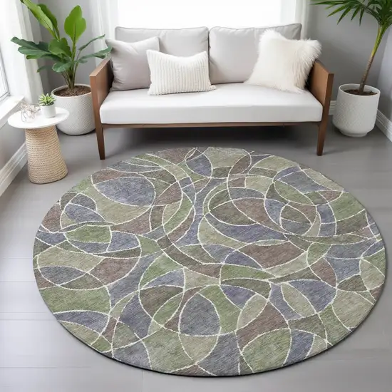 8' Green Brown And Purple Round Geometric Washable Indoor Outdoor Area Rug Photo 8