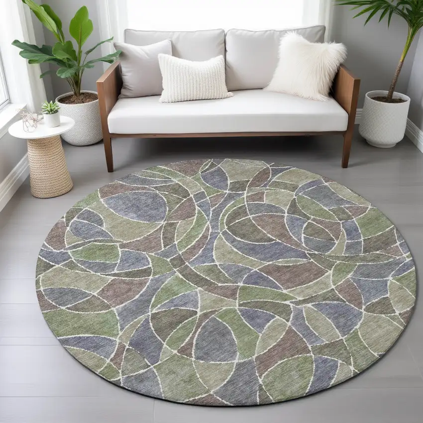 8' Green Brown And Purple Round Geometric Washable Indoor Outdoor Area Rug Photo 8