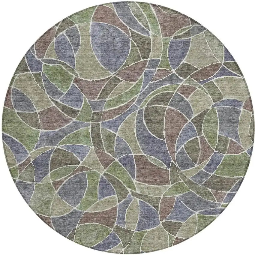 8' Green Brown And Purple Round Geometric Washable Indoor Outdoor Area Rug Photo 4