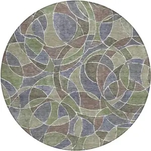 Photo of 8' Green Brown And Purple Round Geometric Washable Indoor Outdoor Area Rug