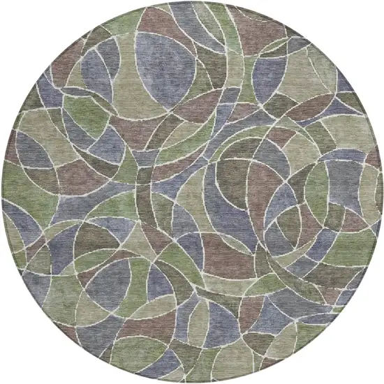 8' Green Brown And Purple Round Geometric Washable Indoor Outdoor Area Rug Photo 1