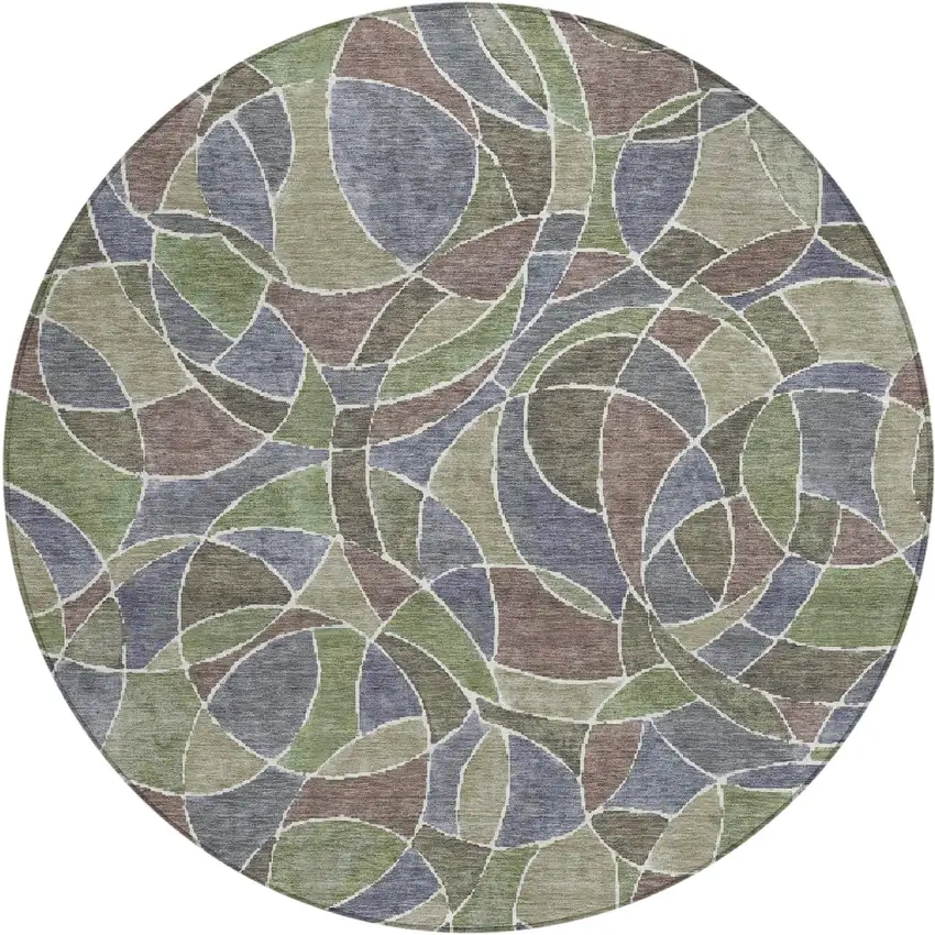 8' Green Brown And Purple Round Geometric Washable Indoor Outdoor Area Rug Photo 1
