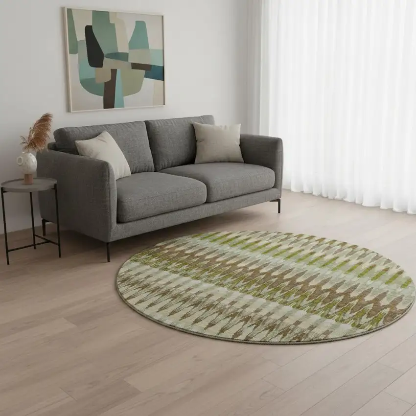 8' Green Brown And Silver Southwestern Washable Round Rug With UV Protection Photo 2