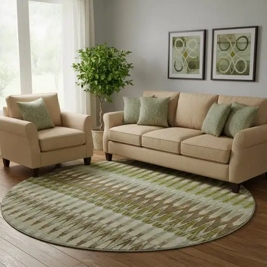 8' Green Brown And Silver Southwestern Washable Round Rug With UV Protection Photo 1