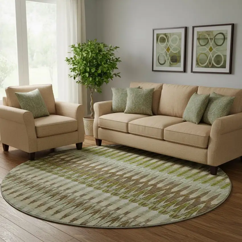 8' Green Brown And Silver Southwestern Washable Round Rug With UV Protection Photo 1