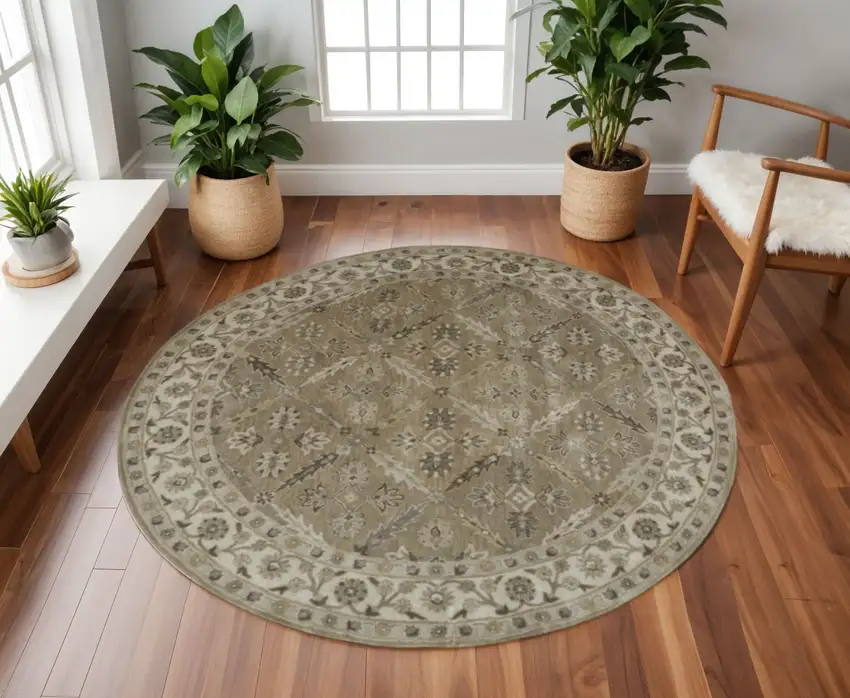 8' Green Brown And Taupe Round Wool Paisley Tufted Handmade Stain Resistant Area Rug Photo 1