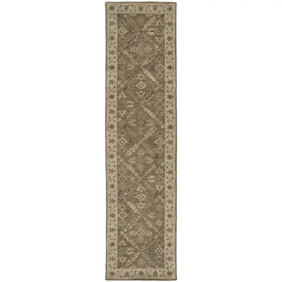 10' Green Brown And Taupe Wool Paisley Tufted Handmade Stain Resistant Runner Rug Photo 1