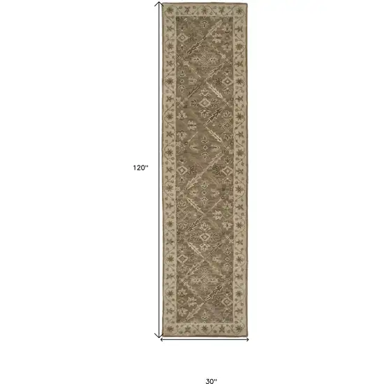 10' Green Brown And Taupe Wool Paisley Tufted Handmade Stain Resistant Runner Rug Photo 6