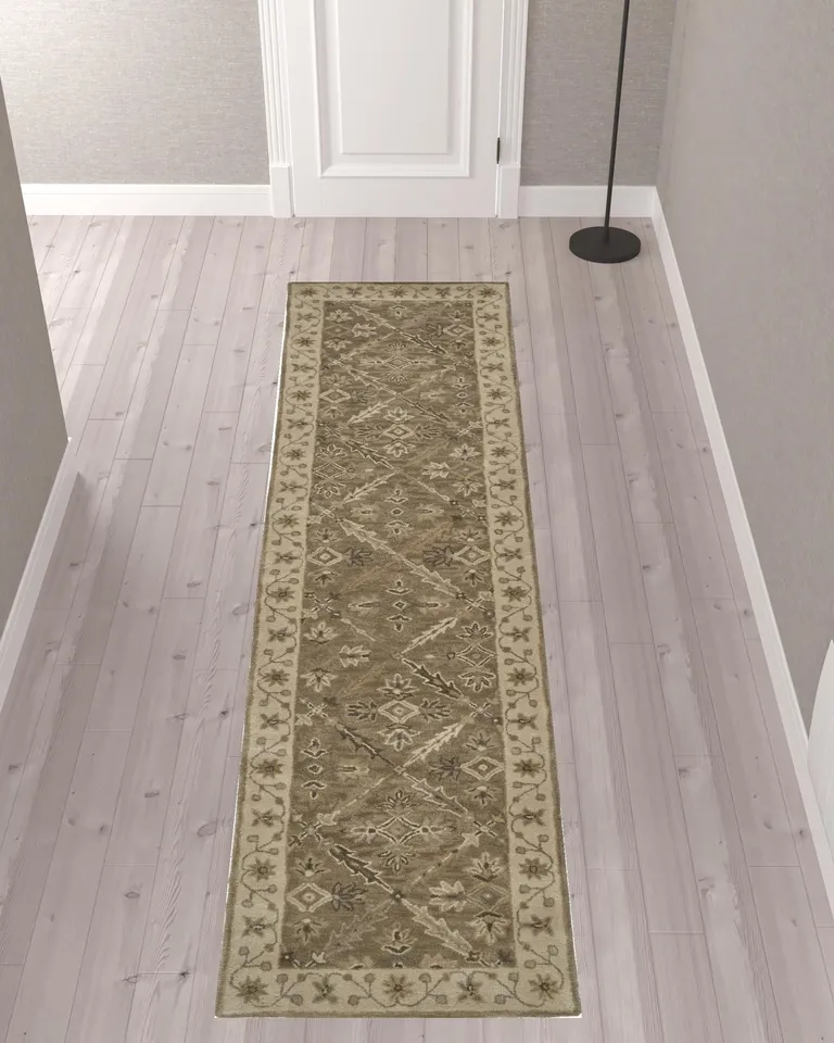 10' Green Brown And Taupe Wool Paisley Tufted Handmade Stain Resistant Runner Rug Photo 2