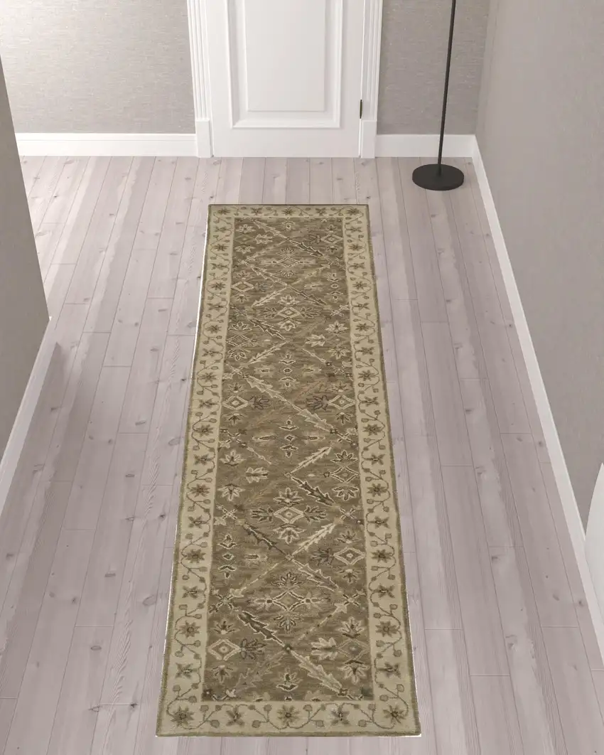 10' Green Brown And Taupe Wool Paisley Tufted Handmade Stain Resistant Runner Rug Photo 2