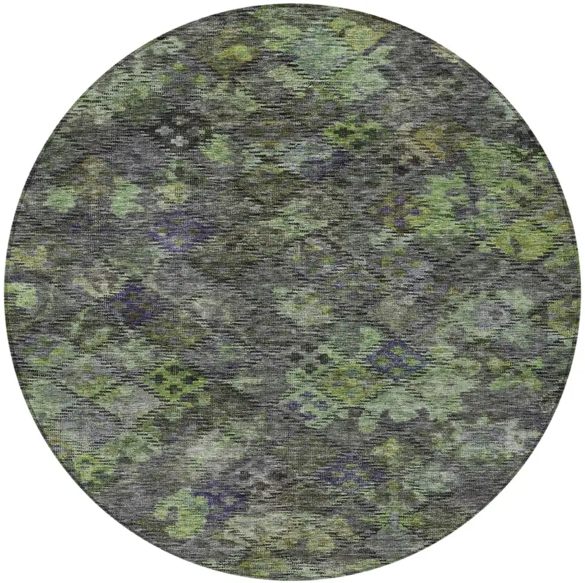 8' Green Charcoal And Black Round Floral Washable Indoor Outdoor Area Rug Photo 6