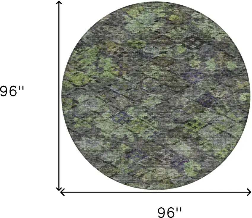 8' Green Charcoal And Black Round Floral Washable Indoor Outdoor Area Rug Photo 9