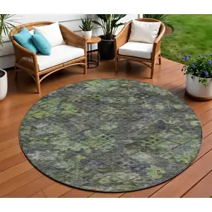 Photo of 8' Green Charcoal And Black Round Floral Washable Indoor Outdoor Area Rug