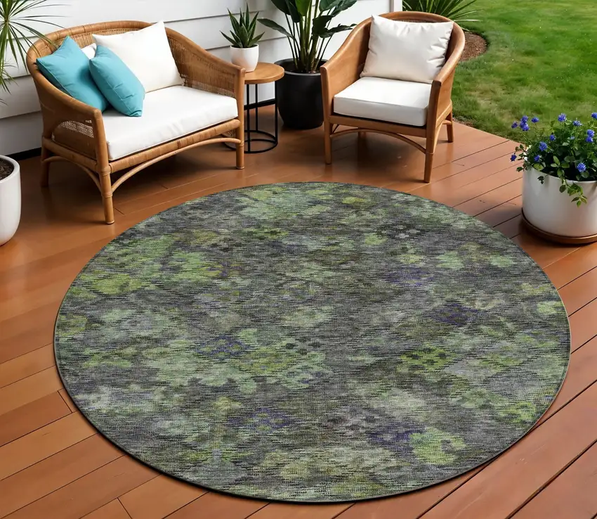 8' Green Charcoal And Black Round Floral Washable Indoor Outdoor Area Rug Photo 1