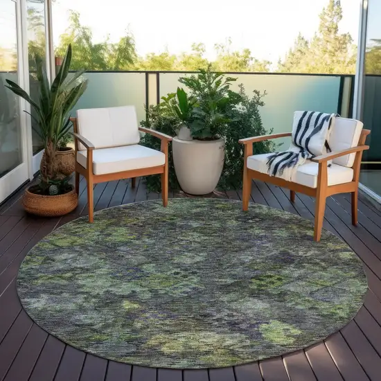 8' Green Charcoal And Black Round Floral Washable Indoor Outdoor Area Rug Photo 7