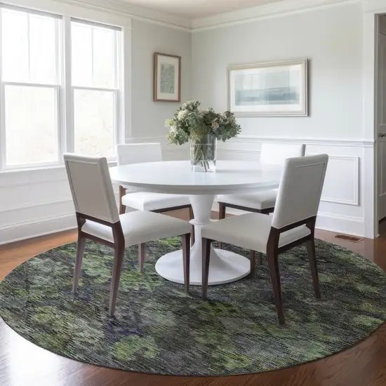 8' Green Charcoal And Black Round Floral Washable Indoor Outdoor Area Rug Photo 8