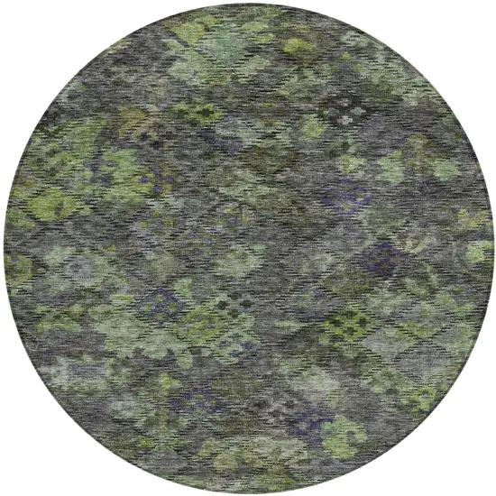 8' Green Charcoal And Black Round Floral Washable Indoor Outdoor Area Rug Photo 2