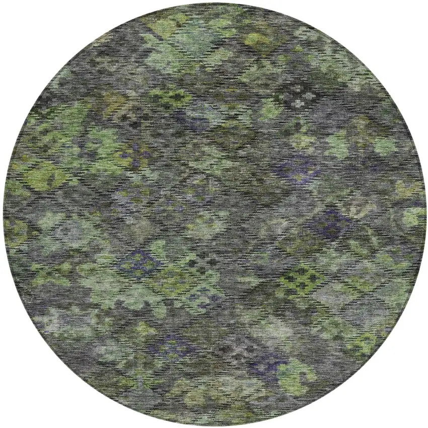 8' Green Charcoal And Black Round Floral Washable Indoor Outdoor Area Rug Photo 2