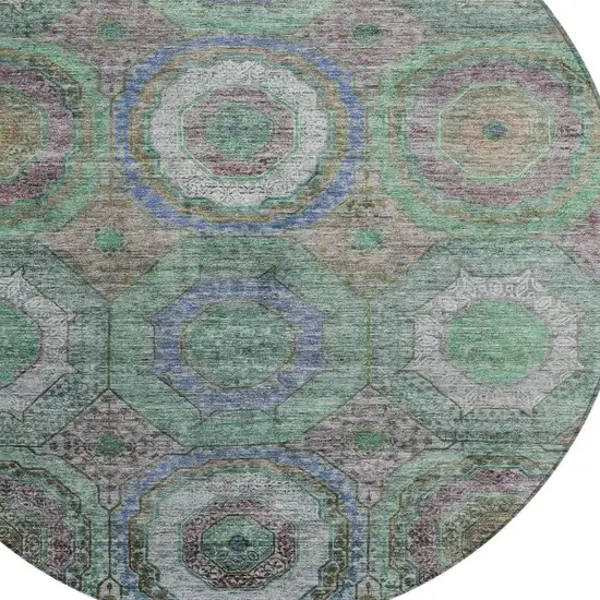 8' Green Charcoal And Purple Round Geometric Washable Indoor Outdoor Area Rug Photo 9