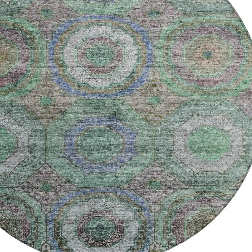 8' Green Charcoal And Purple Round Geometric Washable Indoor Outdoor Area Rug Photo 9