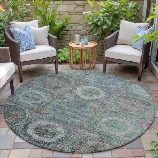 8' Green Charcoal And Purple Round Geometric Washable Indoor Outdoor Area Rug Photo 6