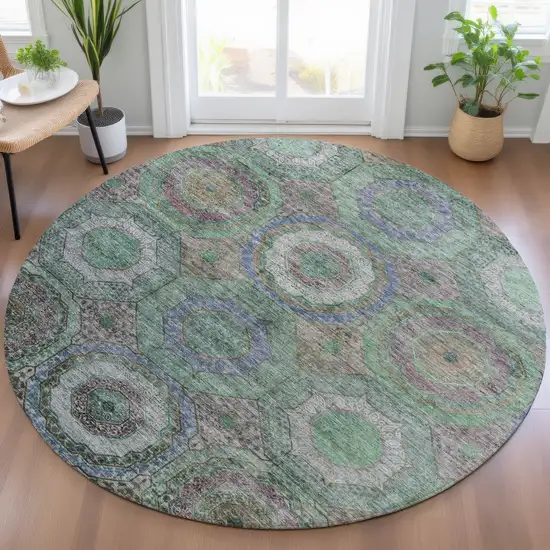 8' Green Charcoal And Purple Round Geometric Washable Indoor Outdoor Area Rug Photo 5