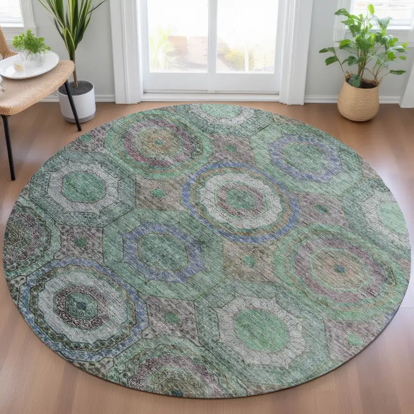 8' Green Charcoal And Purple Round Geometric Washable Indoor Outdoor Area Rug Photo 5