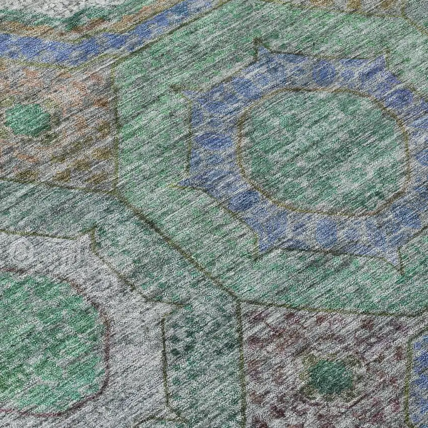 8' Green Charcoal And Purple Round Geometric Washable Indoor Outdoor Area Rug Photo 8