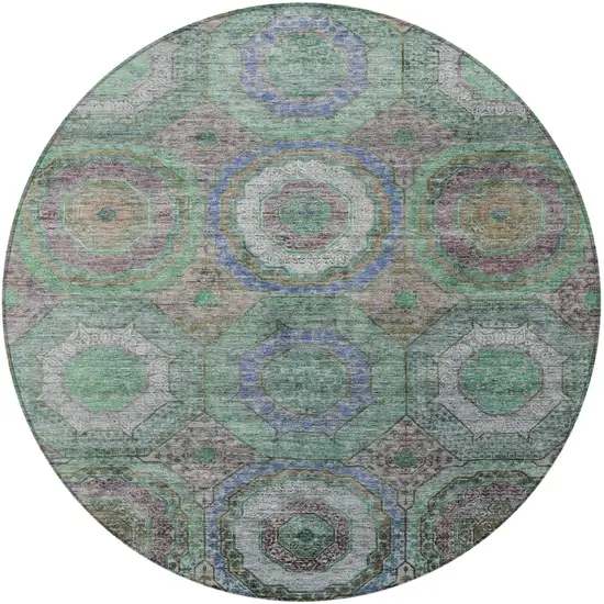 8' Green Charcoal And Purple Round Geometric Washable Indoor Outdoor Area Rug Photo 3