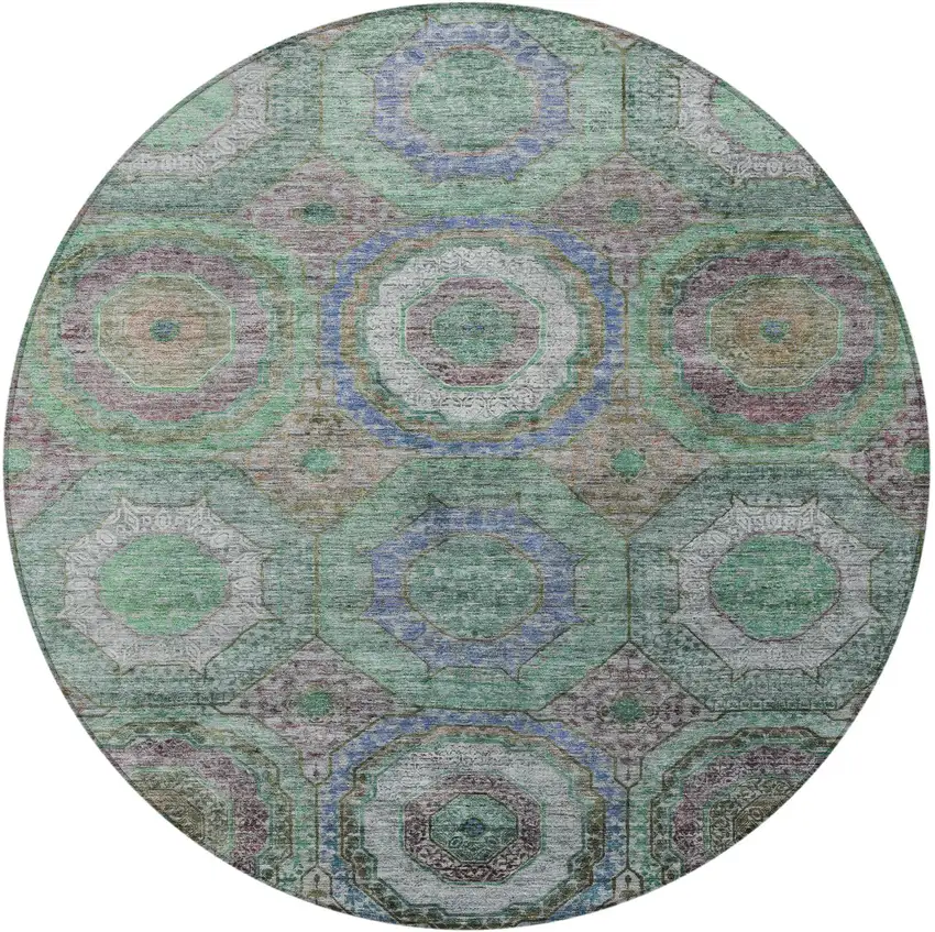 8' Green Charcoal And Purple Round Geometric Washable Indoor Outdoor Area Rug Photo 3