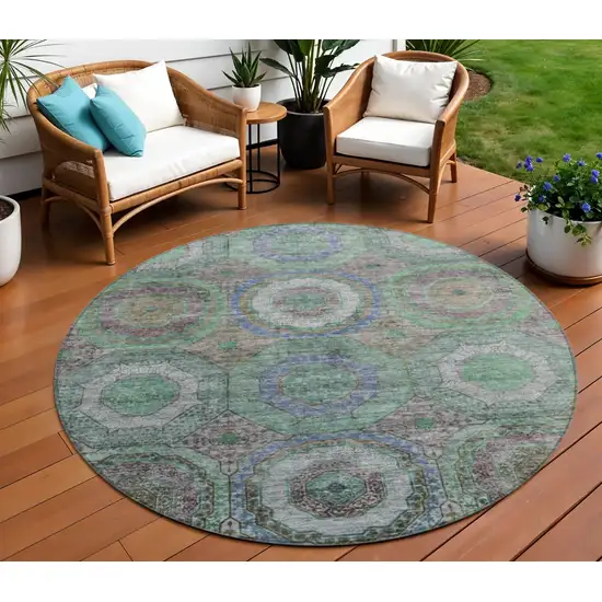8' Green Charcoal And Purple Round Geometric Washable Indoor Outdoor Area Rug Photo 2