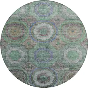 Photo of 8' Green Charcoal And Purple Round Geometric Washable Indoor Outdoor Area Rug