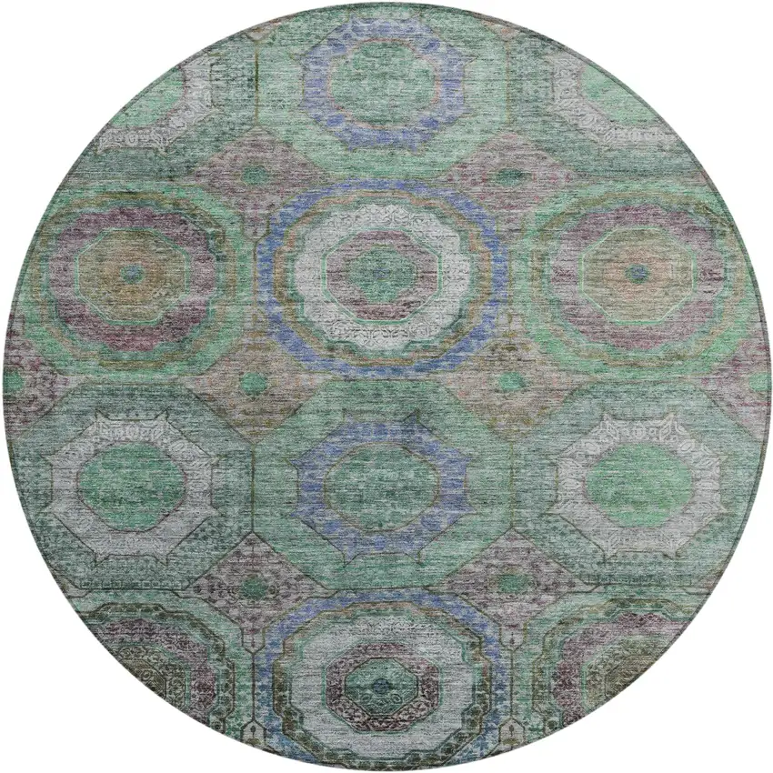 8' Green Charcoal And Purple Round Geometric Washable Indoor Outdoor Area Rug Photo 1