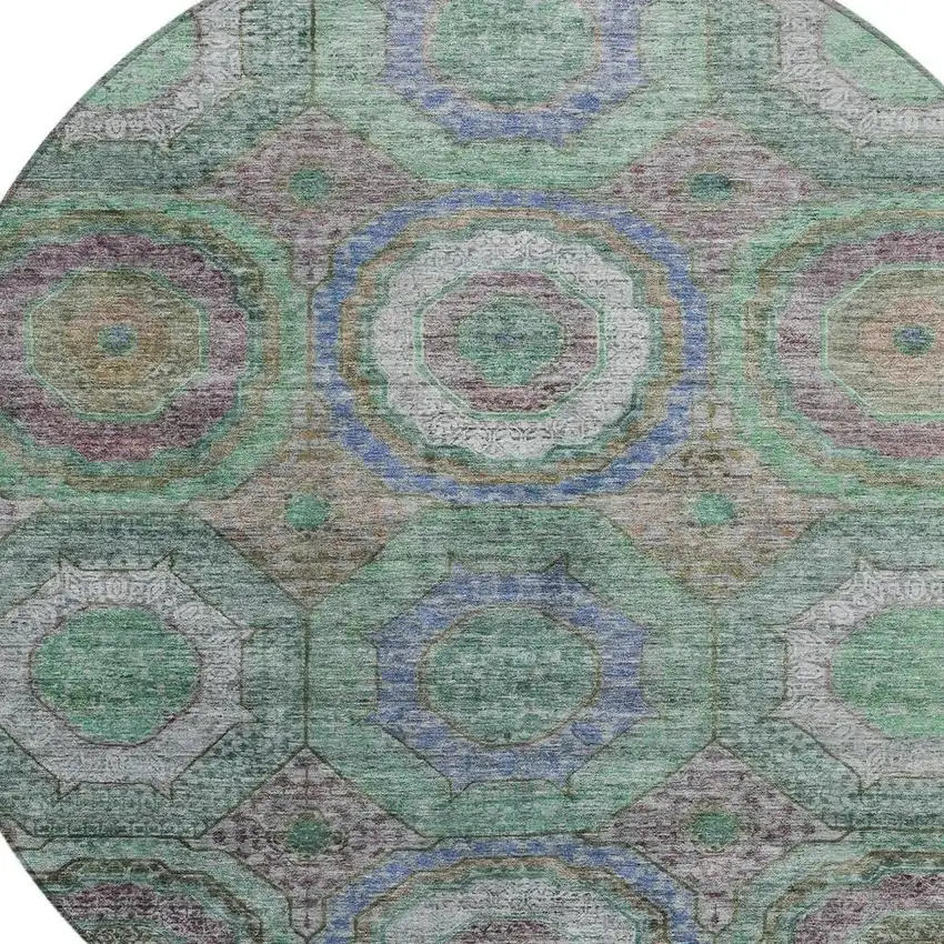 8' Green Charcoal And Purple Round Geometric Washable Indoor Outdoor Area Rug Photo 4