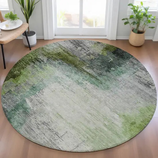 8' Green Charcoal And Silver Round Abstract Washable Indoor Outdoor Area Rug Photo 6