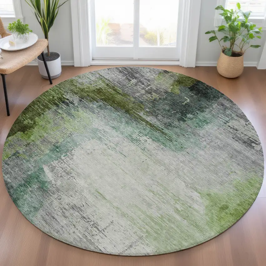 8' Green Charcoal And Silver Round Abstract Washable Indoor Outdoor Area Rug Photo 6