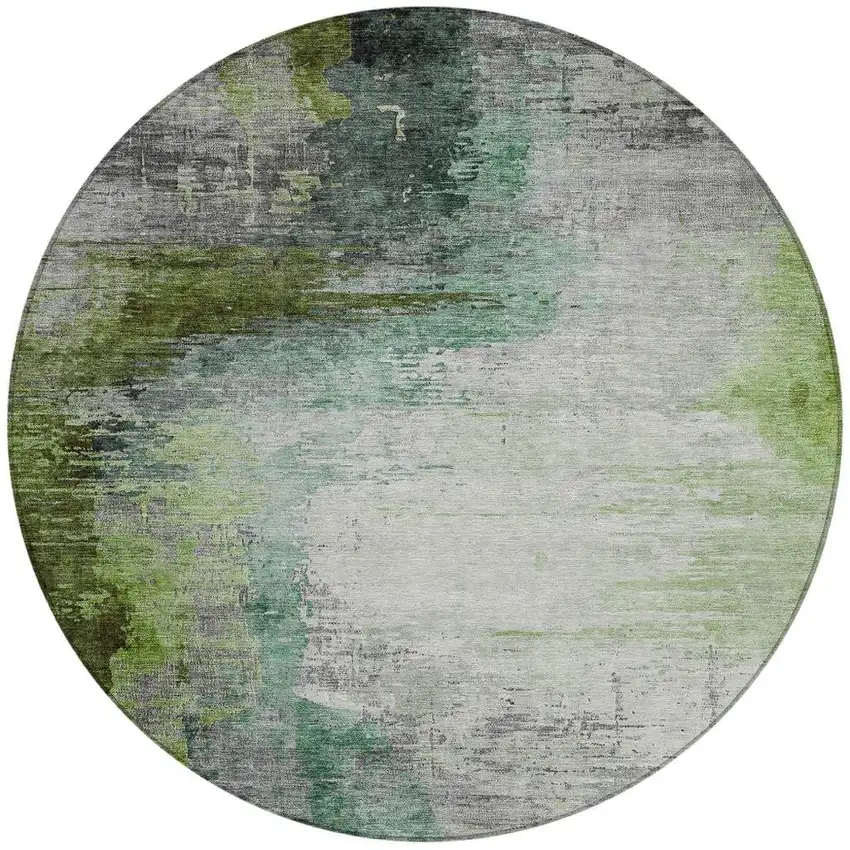 8' Green Charcoal And Silver Round Abstract Washable Indoor Outdoor Area Rug Photo 3