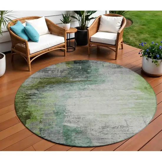 8' Green Charcoal And Silver Round Abstract Washable Indoor Outdoor Area Rug Photo 2