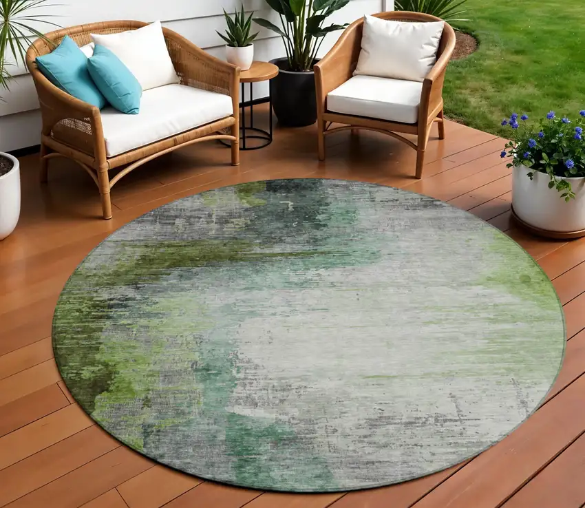8' Green Charcoal And Silver Round Abstract Washable Indoor Outdoor Area Rug Photo 2