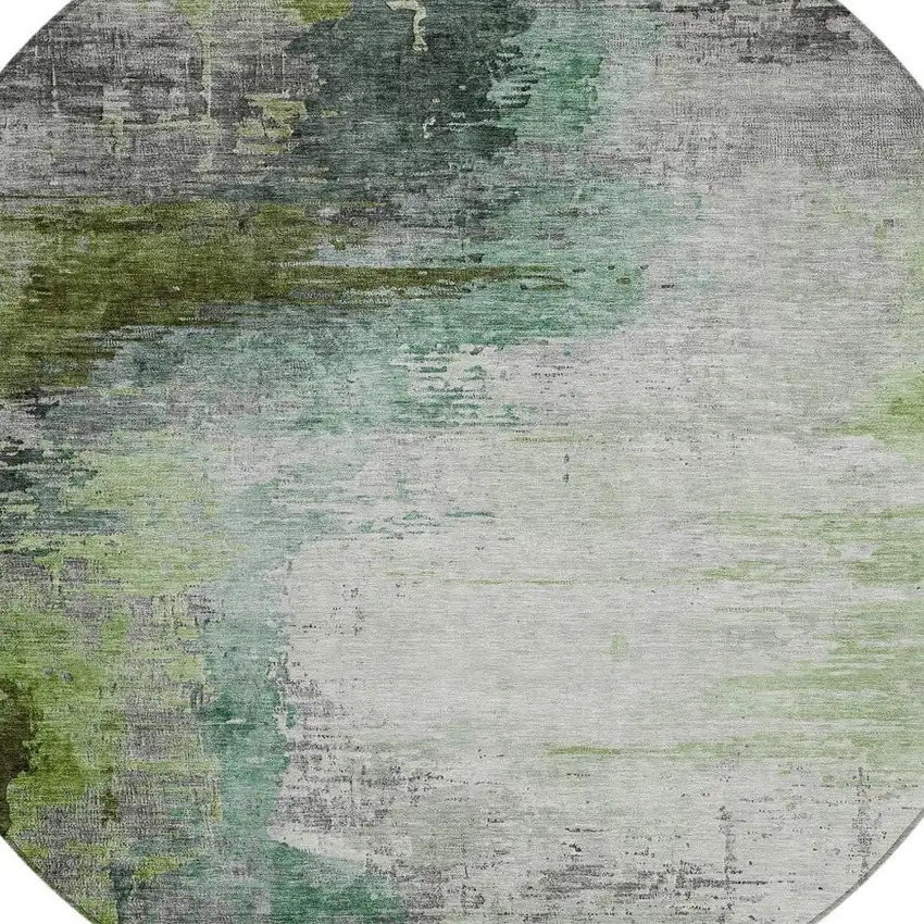 8' Green Charcoal And Silver Round Abstract Washable Indoor Outdoor Area Rug Photo 9
