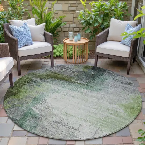 8' Green Charcoal And Silver Round Abstract Washable Indoor Outdoor Area Rug Photo 7