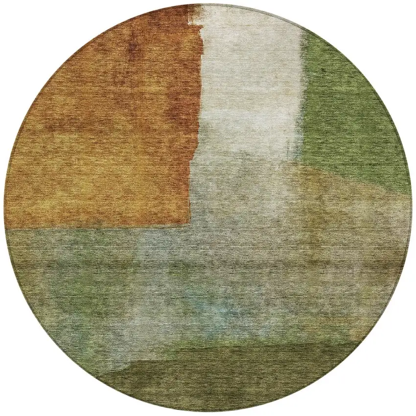 8' Green Copper And Beige Round Abstract Washable Indoor Outdoor Area Rug Photo 6
