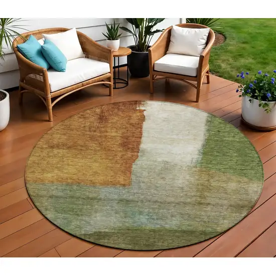 8' Green Copper And Beige Round Abstract Washable Indoor Outdoor Area Rug Photo 1