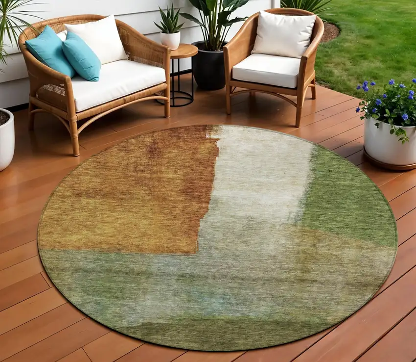 8' Green Copper And Beige Round Abstract Washable Indoor Outdoor Area Rug Photo 1