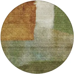Photo of 8' Green Copper And Beige Round Abstract Washable Indoor Outdoor Area Rug