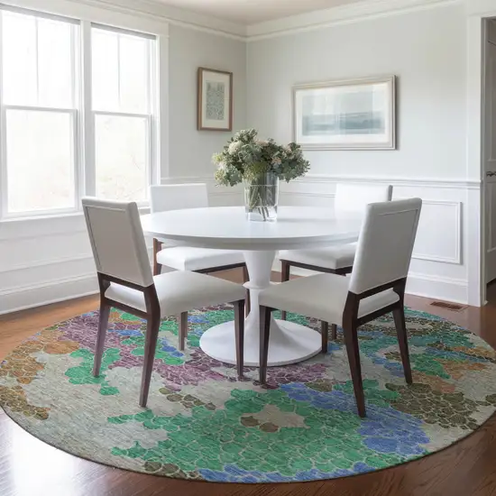 8' Green Copper And Blue Round Geometric Washable Indoor Outdoor Area Rug Photo 6