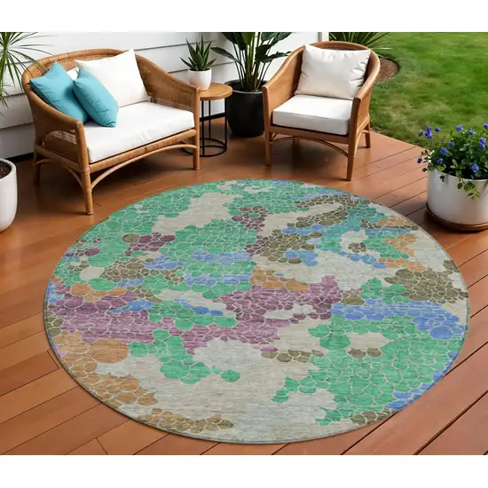 8' Green Copper And Blue Round Geometric Washable Indoor Outdoor Area Rug Photo 2