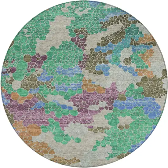 8' Green Copper And Blue Round Geometric Washable Indoor Outdoor Area Rug Photo 1
